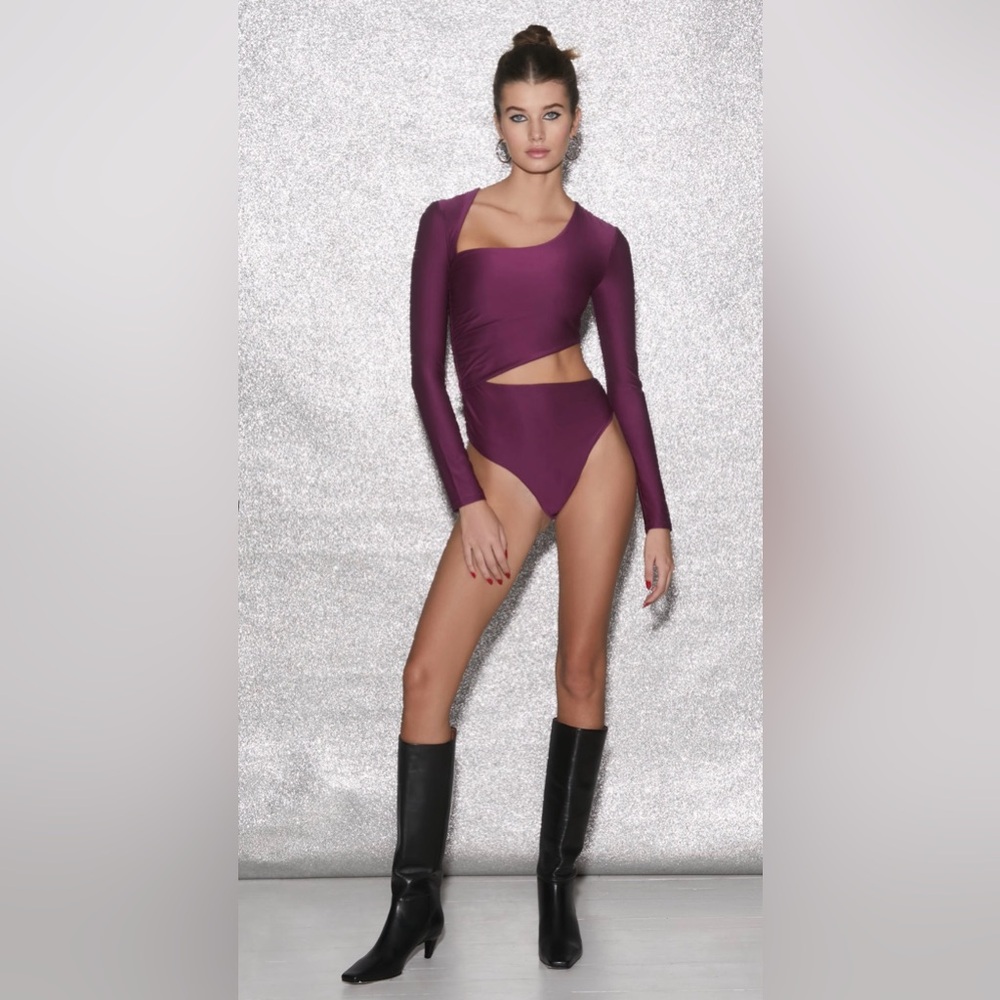 Fleur du Mal Asymmetric Wrap Bodysuit purple Sz Medium EUC